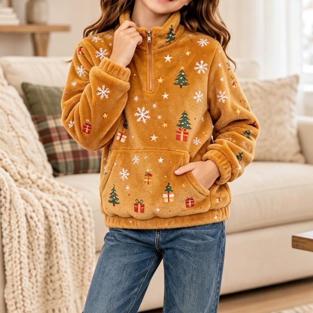 Boys Girls Christmas Sweatshirt, Pattern Long Sleeve Stand Collar Pullover for Fall Winter, Casual Comfortable Top