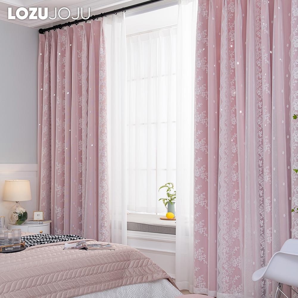 A Set of LOZUJOJU Hollow Star Blackout Curtain and Lace Sheer Curtains Integrated Gauze Curtain and Curtain for Living Room Bedroom Home Decor