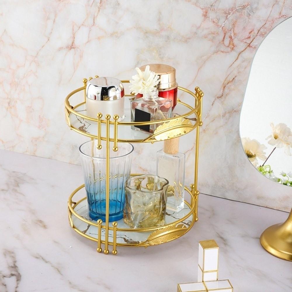 Gold Plated Makeup Organizer 2 Tier Jewelry Tray Durable Desktop Shelf For Vanity Dresser Tabletop