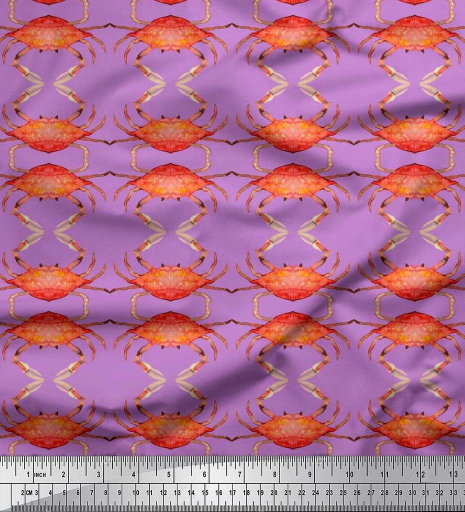 Soimoi Beige Japan Crepe Satin Fabric Crabs Ocean Print Fabric by the metre 42 Inch
