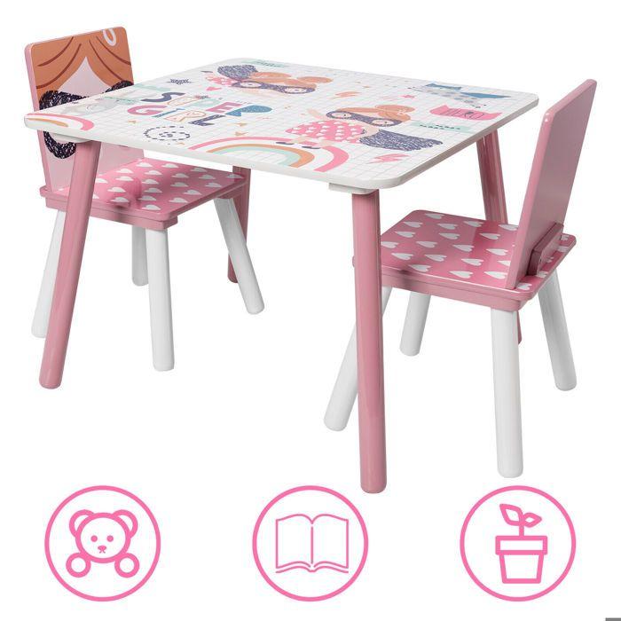 GINGER HOME Ensemble Table et 2 Chaises en Bois pour Enfants – Super Girl – Blanc et Rose – Apprentissage et Loisirs