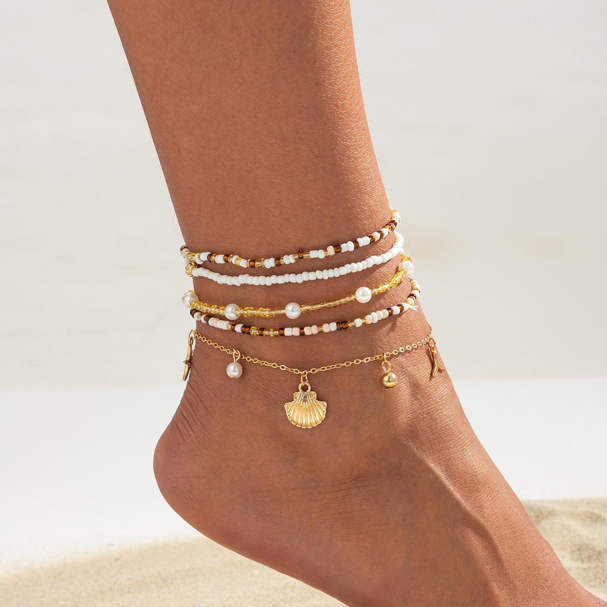 

Beach Resort Wind Starfish Pendant Shell Ankle Chain, Fashion Rice Bead Beaded Ankle Chain Set
