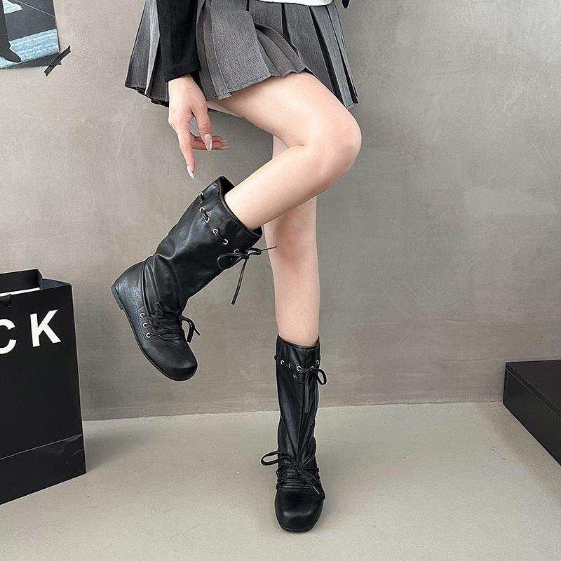 Round head women's inner height increase new wind thick-soled mid-tube boots straps autumn and winter mid-tube boots retro ballet