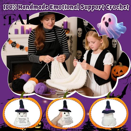 Mini Strikket Spøgelsesdukke Hånd Halloween Pynt, Hæklet Plys med Taktil Komfort Sanselegetøj Opfordringskort, Sød Skrivebordsdekoration