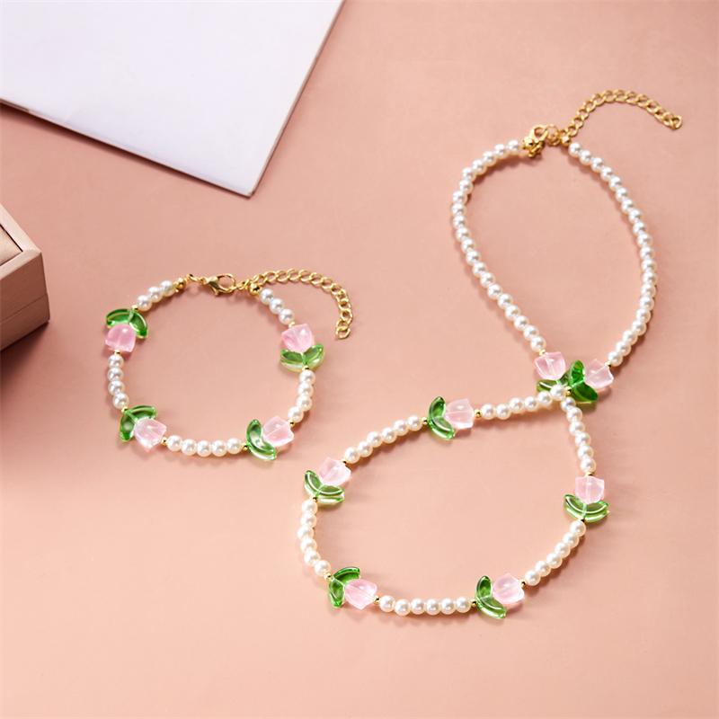 New Fashion Sweet Tulip Flower Necklace Bracelet Set For Women Elegant Pearl Clavicle Chain Necklace Girls Party Jewelry Gift