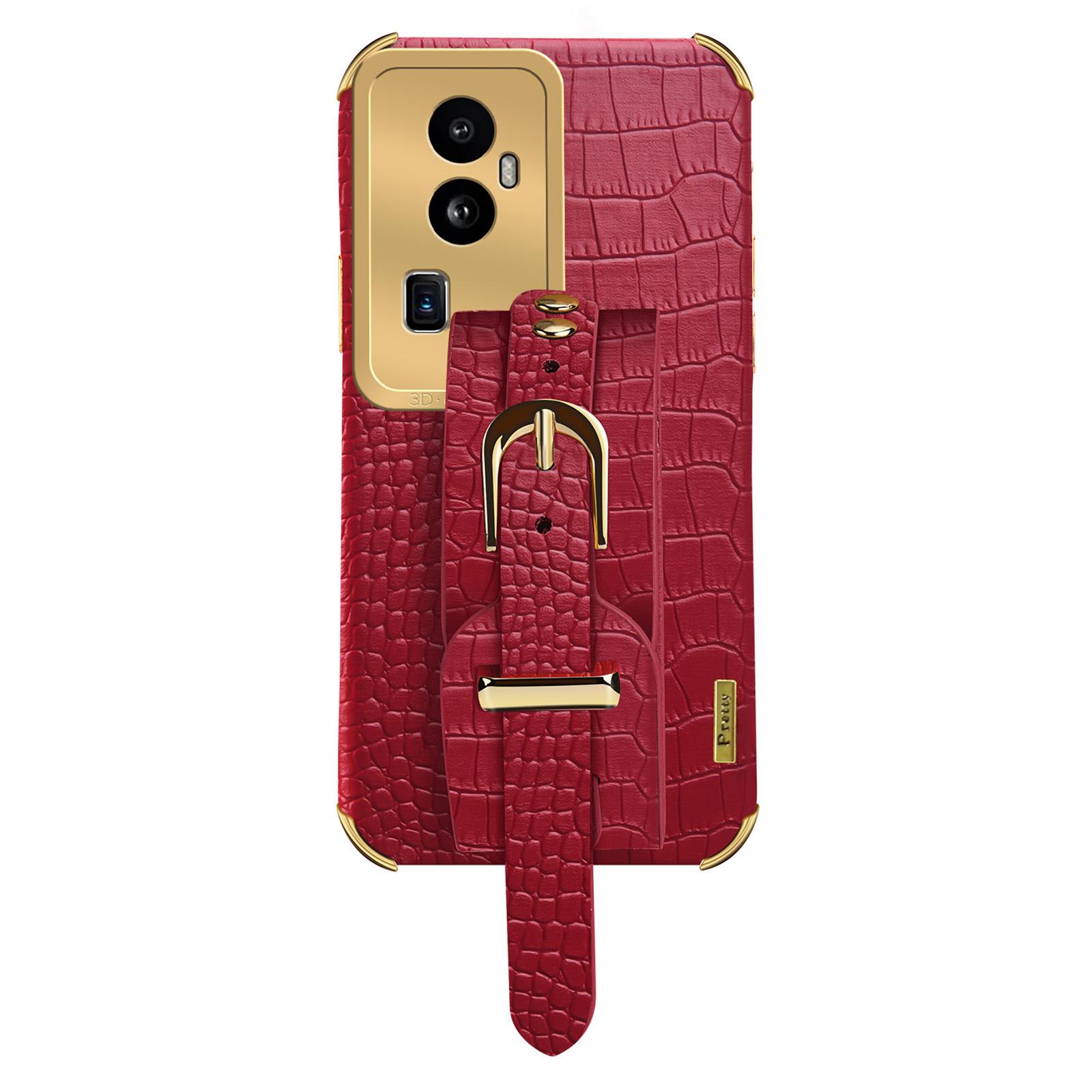 

For Oppo Reno10 Pro+ 5G Electroplating Phone Cover PU Leather+TPU Case with Wristband Kickstand Red