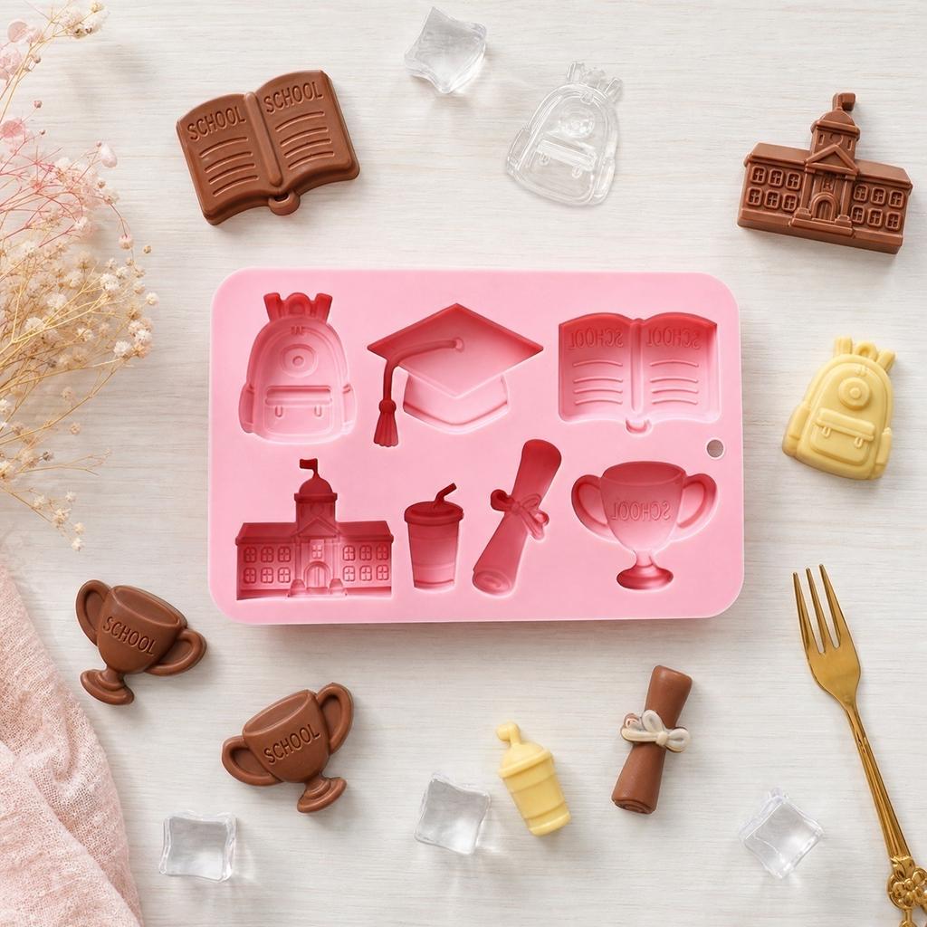 Silicone Mold for Cake Chocolate Graduation Themed Shapes Including Book Trophy Diploma Cap Backpack School Building Design