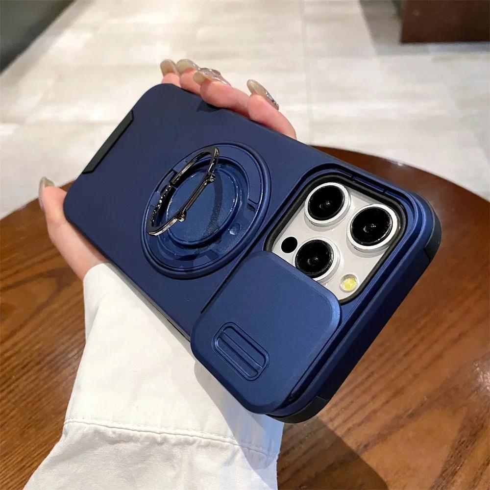 

Чехол-слайдер для защиты объектива камеры для iPhone 16 Pro Max 15 14 Plus 13 12 11, чехол-броня, ударопрочный, с кольцом-магнитом и держателем For iphone16 синий