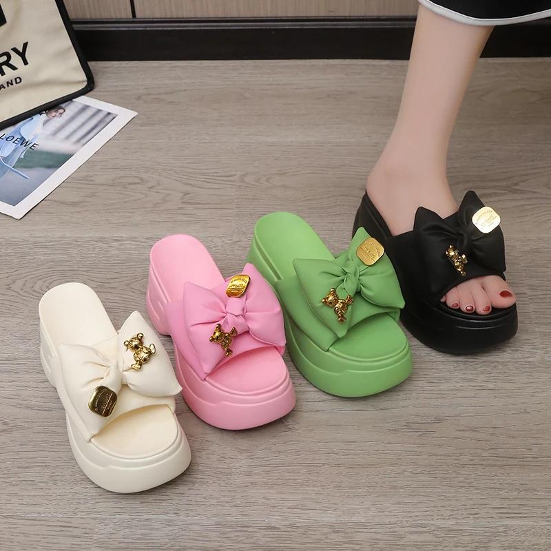Fashion 9CM High Platform Slippers Women Solid Color Thick Sole Leather Sandals Woman Chunky Summer Casual Beach Slides Zapatos Mujer