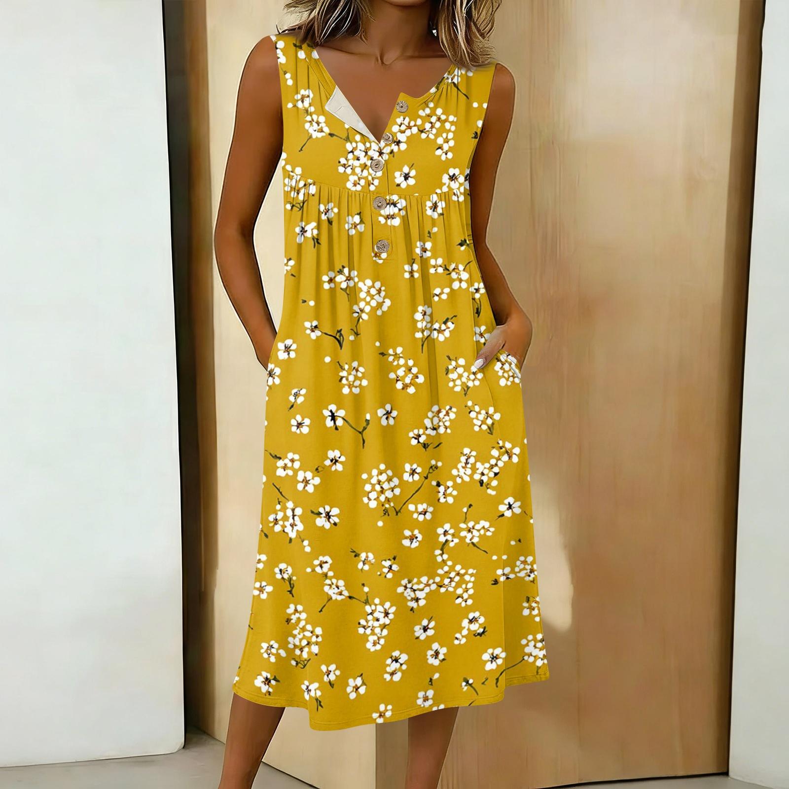 

Sleeveless Button Down Dress for Women A Line Midi Dress with Floral Midi Dress Print Midi Dresses for Women XL жовтий