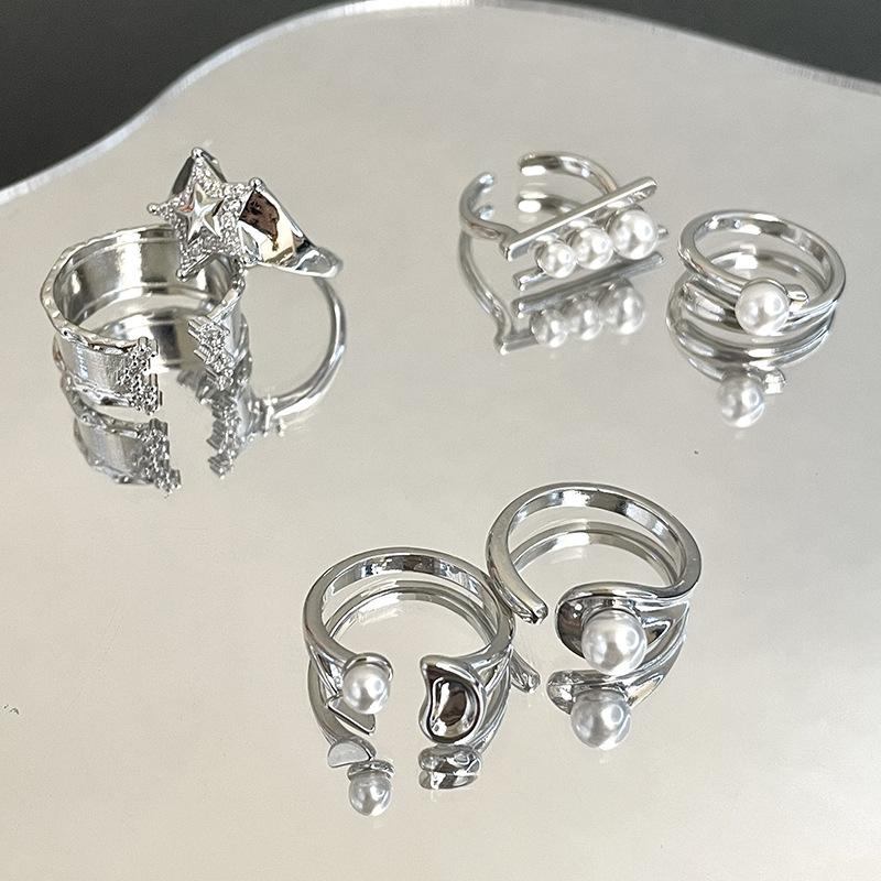 Irregular Plain Ring Full Of Diamonds, Zircon Ring, Women'S Niche Design Sense, Pearl Simple Personality, Index Finger Ring, Open Ring.