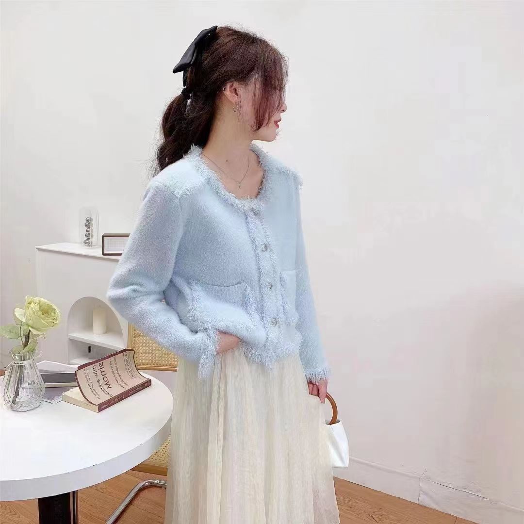 

Осенне-зимний женский свитер, маленький свитер в парфюмерном стиле с имитацией норки, пальто, свободный вязаный кардиган с ленивым ветровым карманом и бахромой One Size фиолетовый