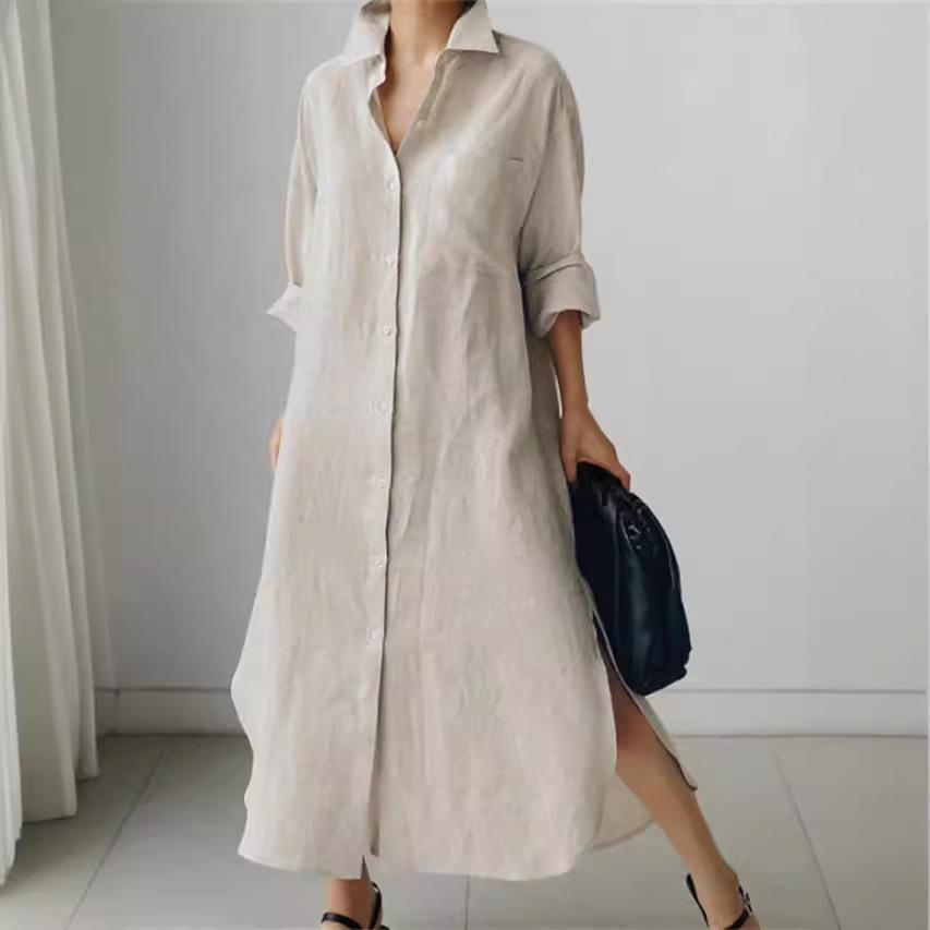 Women Lapel Collar Linen Cotton Long Shirt Dress,Loose Single-Breasted Long Sleeve Maxi Dress Casual Split Tunic Cover-Up S-2XL
