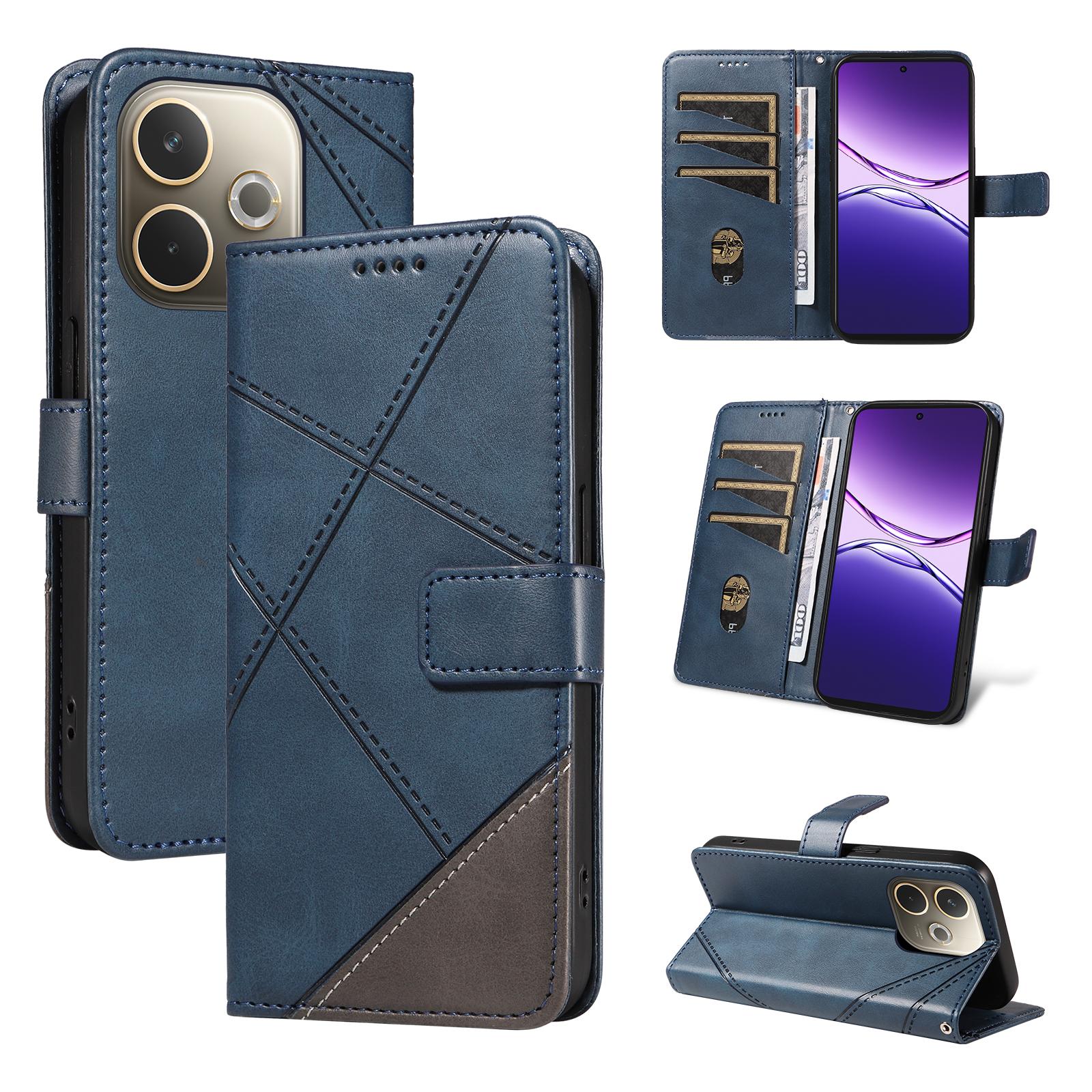 

For Oppo A5 Pro 5G Leather Case Geometric Line Design Wallet Phone Cover with Wrist Strap Blue