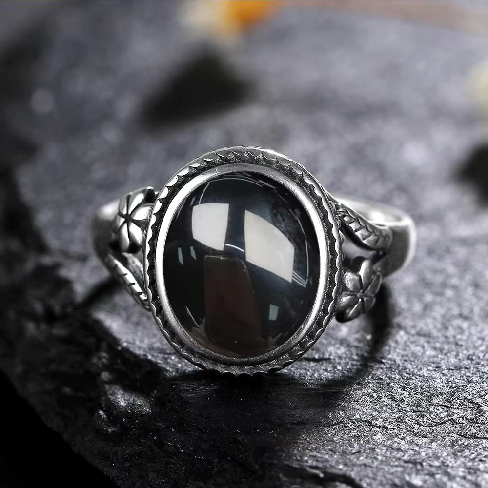 Vintage 925 Sterling Copper Ring Natural Black Onyx Ring Oval Round Stone Retro Fine Zircon Gift Sun Shaped For Women Men