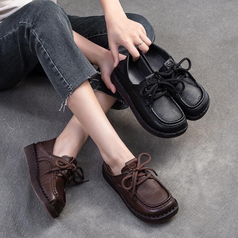 Fashion GKTINOO Women Loafers Spring Genuine Leather Comfort Flat Mother Shoes Lace Up Footwear Fashion Female Footwear Zapatos De Mujer