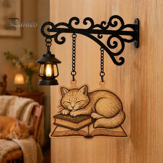 Retro Bookshelf Light Vintage with Cat Sleeping on Book Design, Lantern Rustic Metal Wall Lamp for Reading, Decorative LED Study Room Library