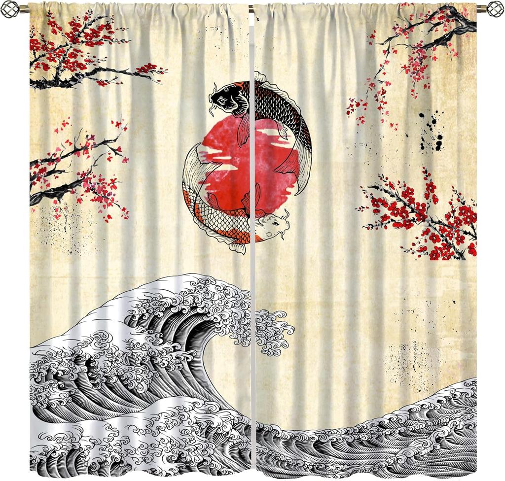 Japanese Style Blackout Curtain,Sea Wave Cherry Blossom Crane Ocean Bird Themed Watercolor Curta For Dining Room Cafe Living