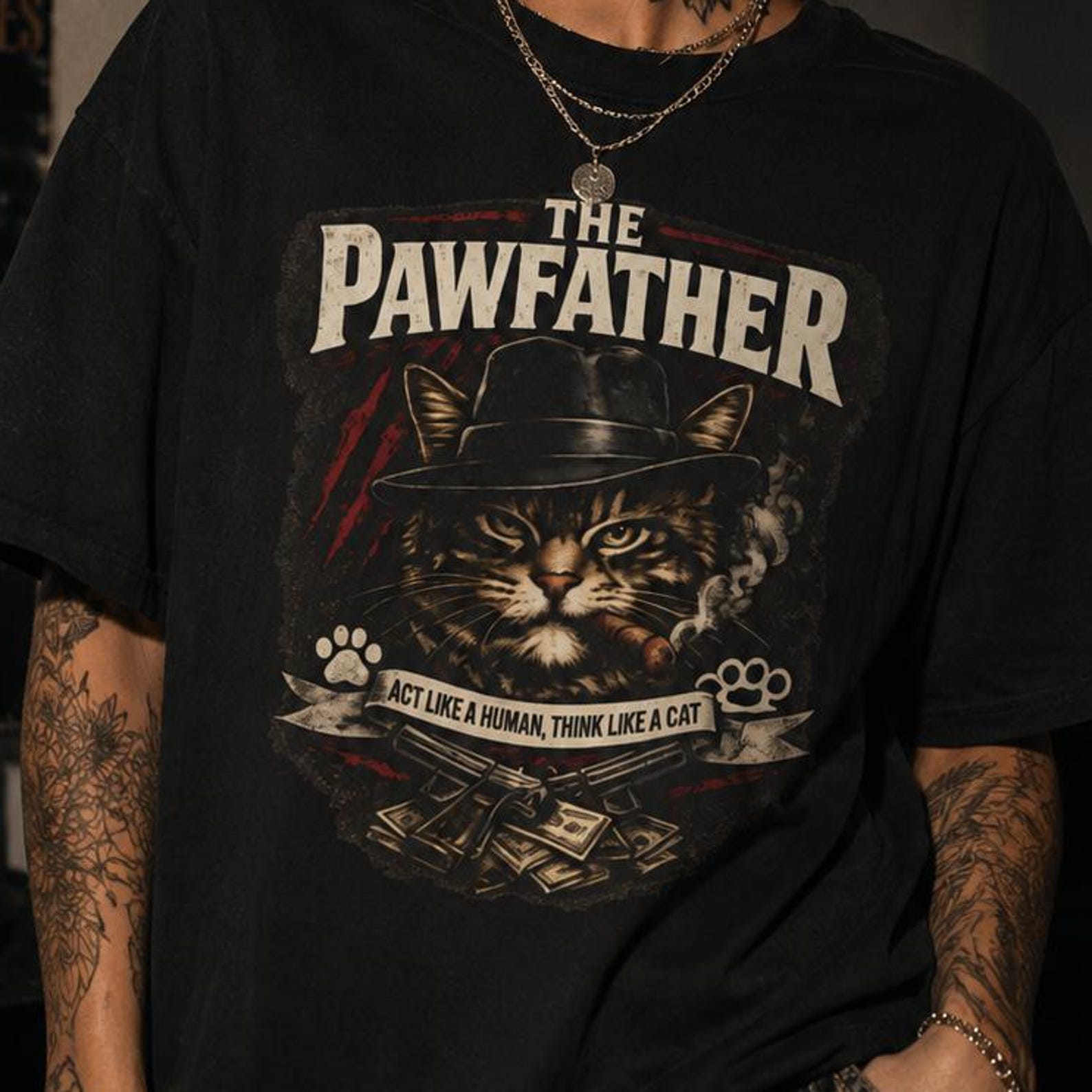 The Pawfather Cat Mafia T-Shirt, Funny Mafia Cat Shirt, Vintage Gangster Cat Tee, Cat Lover Gift, Retro Cat Graphic Tee M