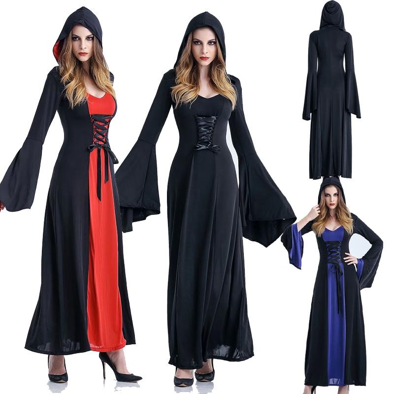Enchanting Women Gothic Hooded Witch Wizard Dress With Flared Sleeves And Lace Up Design