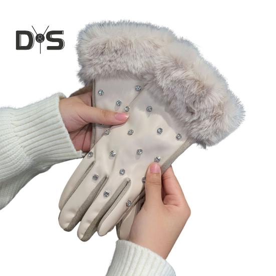 

1 пара зимних перчаток унисекс с утолщенной бархатной подкладкой, ветрозащитных, для сенсорного экрана, со стразами, противоскользящих, для холодной погоды, для выпускного вечера, вечеринки, свиданий бежевый