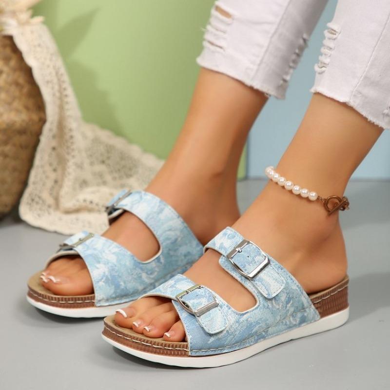 Scarpe da spiaggia retrò a fondo piatto e punta rotonda, sandali Birken con doppia fibbia e cinturino, infradito da donna