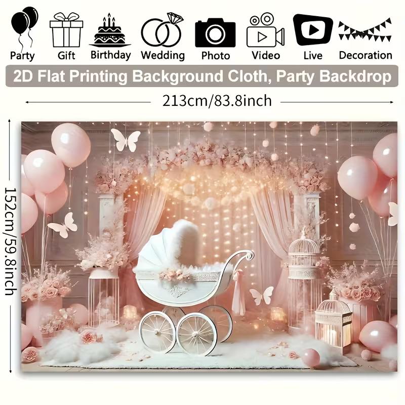 2D Blush Pink Newborn Backdrop Butterfly & Balloon Photo Booth Background