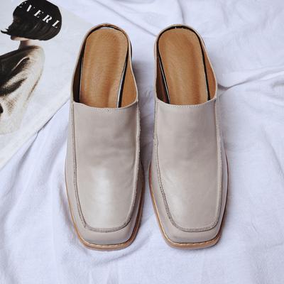 2024 New Summer Women Shoes Square Toe High Heel Slippers Fashion Cowhide Leather Shoes for Women Casual Mules Slippers Women