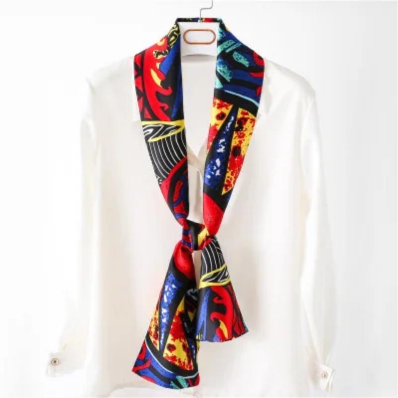 Hijab Real Long Silk Women Print Elegant Neck Scarves Hair Head Ribbon Tie Bag Handle Decoration Foulard Collar Kerchief
