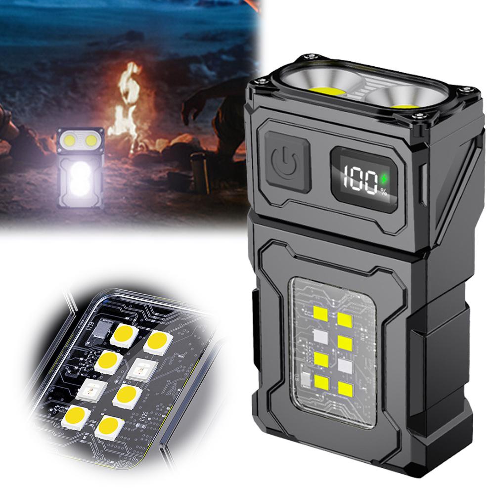 COB SMD Mini Keychain Flashlight USB Charging Hat Clip Light 500LM Portable Work Light Power Display for Camping Fishing Walking