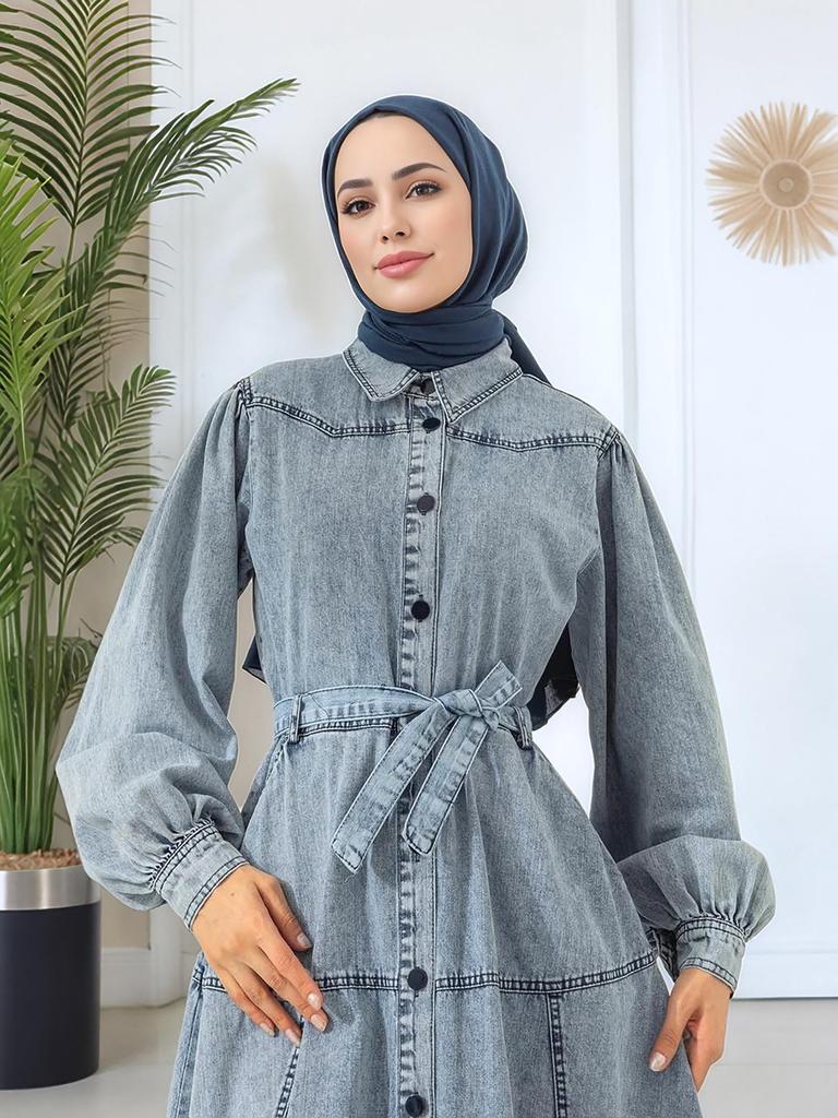 Turkish Women's Denim Dress: Casual Loose Fit Lantern Sleeve Patchwork