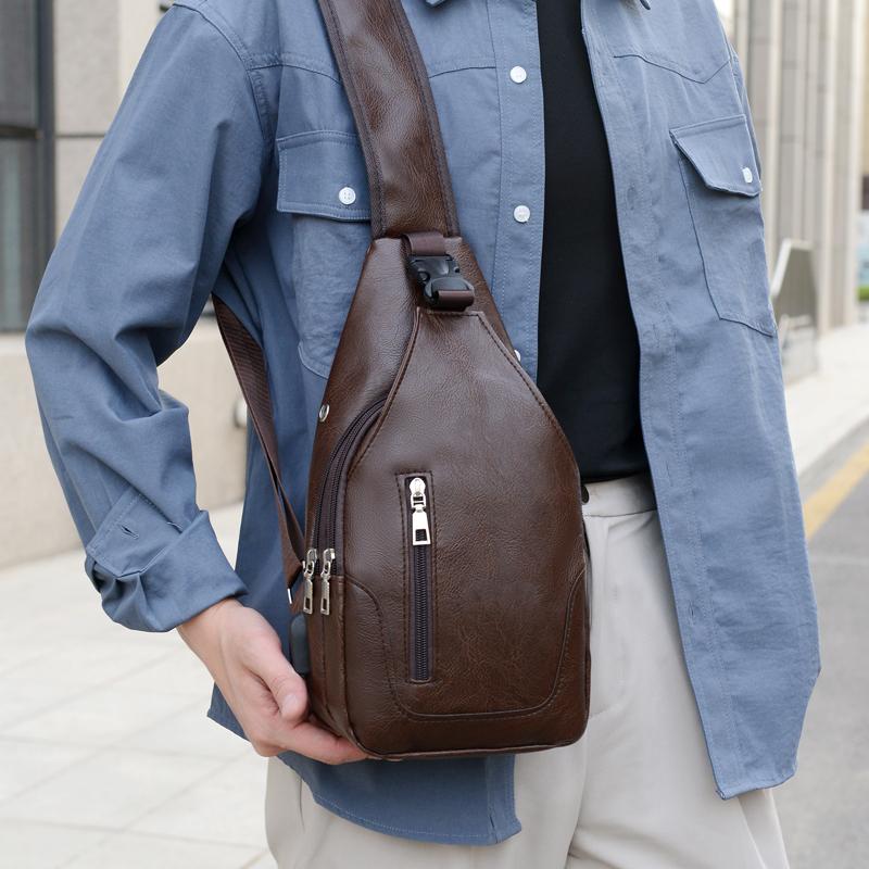Simple and Fashionable Casual Solid Color PU Multifunctional USB Charging Zipper Man's Chest Bag Crossbody Bag for Commuting