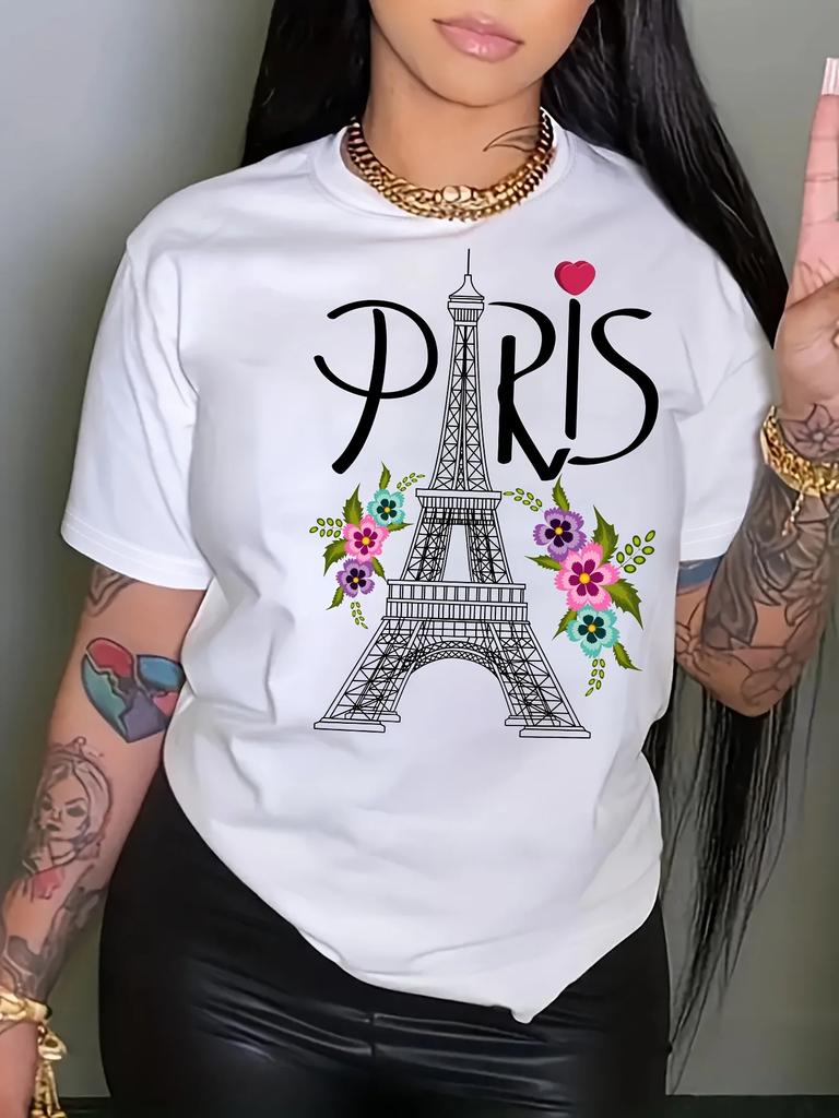 Paris Eiffel Tower Printed Crew Neck Casual TShirt for Summer Spring Women Aesthetic Clothes High Quality Cotton Shortsleev