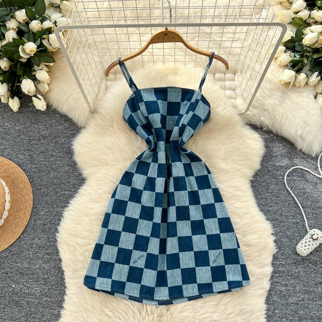Summer Women Vintage Spaghetti Strap Designer Plaid Denim Party Mini Short Dresses