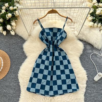 Sommer Damen Vintage Spaghetti Träger Designer Karomuster Denim Party Mini Kurze Kleider