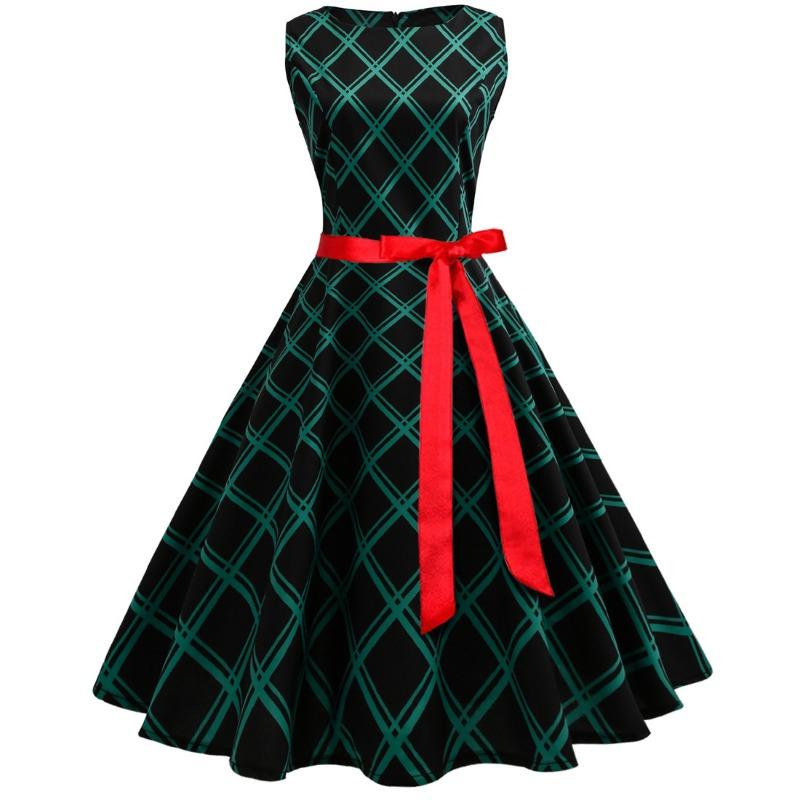 

Summer fashion hot sale retro striped print dress round neck sleeveless belt puff dress XXL