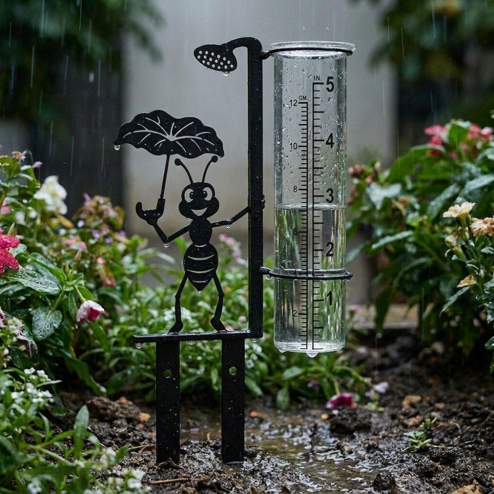 Iron Art Metal Ant Rain Gauge Stake Removable Weatherproof Garden Stake Rain Water Collector Lotus Leaf Ant Shaped with Scale