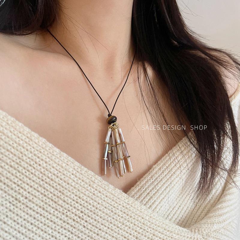 Vintage Tiger Eye Bead Necklace with Clam Tassel and Waxed Rope