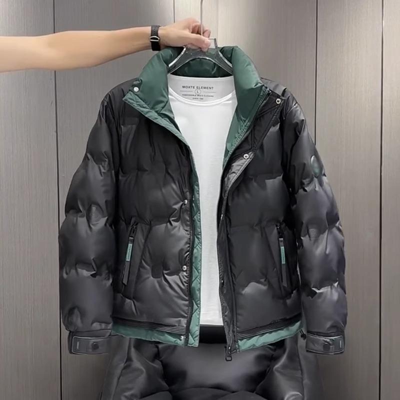 Autumn and winter new men's thickened stand-up collar down jacket color-blocking short Korean version of warm duck down fashion jacket