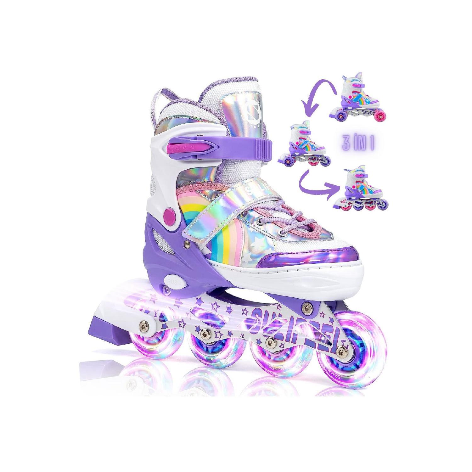 

Коньки с подсветкой Unicorn 2 2 Радужные коньки для девочек с силиконовым колесом, колесо 3 в 1 с сумкой для переноски 30-33 фиолетовый