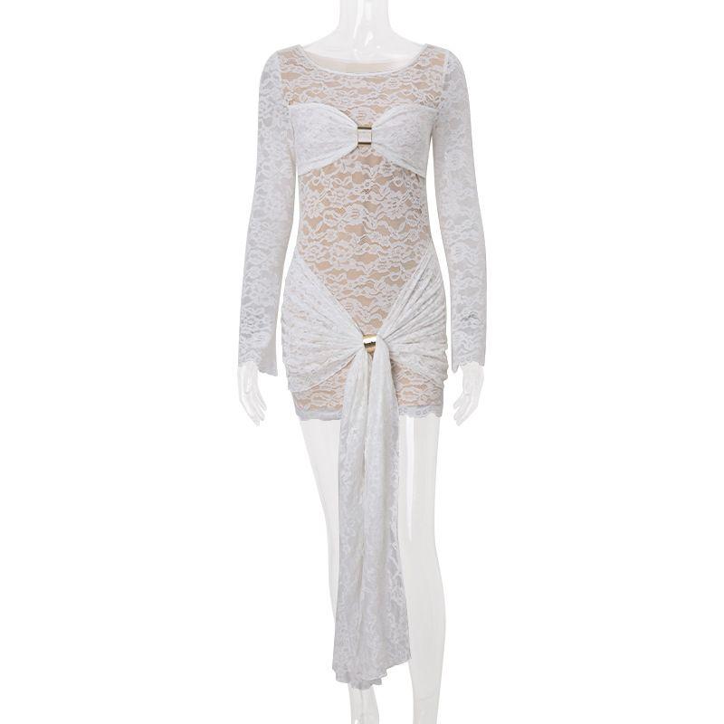 

European and American Women s Clothing 2025 Summer New Arrival Lace See-through Bodycon Dress Sexy round Neck Long Sleeves Streamer Silm Dress White XL