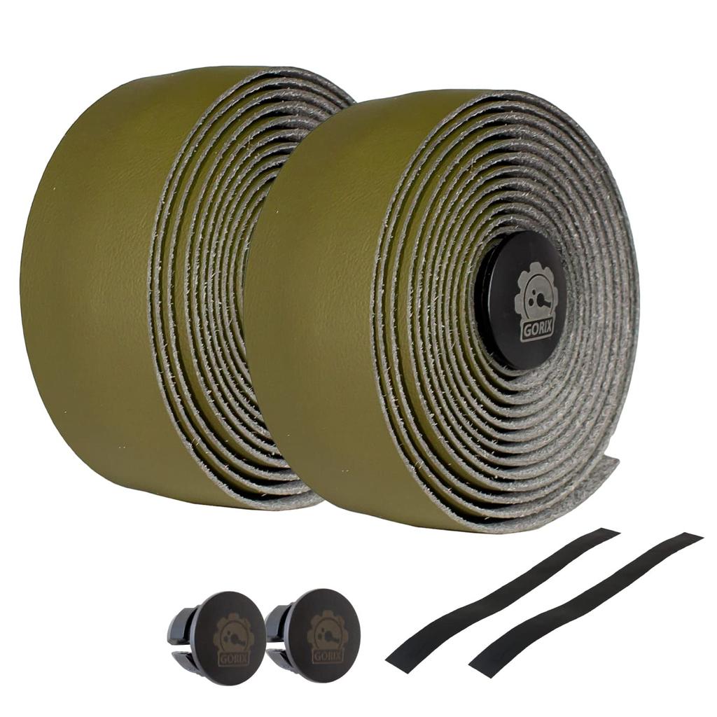 GORIX Bar Tape for Bicycles and Road Bikes Handlebar Grip Tape with Shock Absorption for Stylish Bicycle Customization Leather-Look (GX-GLB) (Olive)