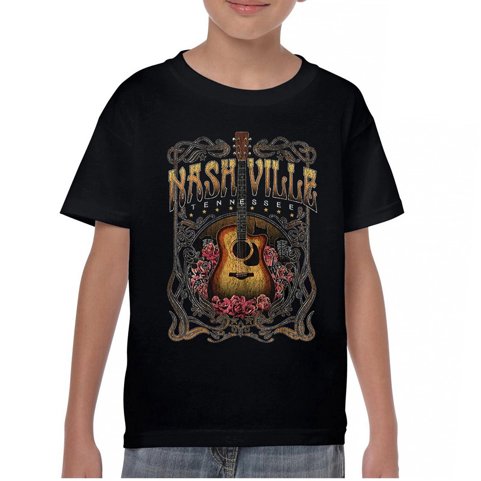 Nashville Tennessee Youth kids boys T-Shirt Vintage Guitar & Roses Country Music Kids 100