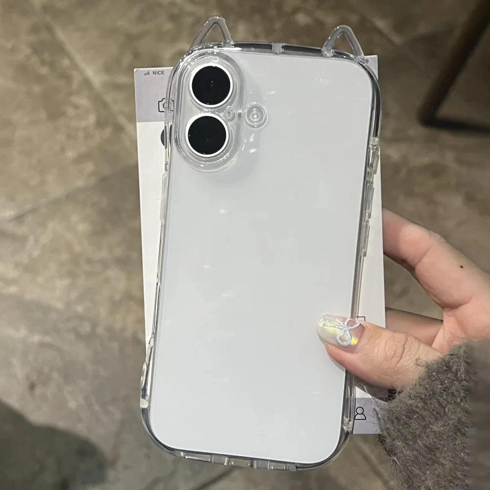 Lyxigt 3D kattöron sött genomskinligt skal till iPhone 14 15 16 Pro Max Plus 11 12 13 X Xr Xs 7 8 SE 2 genomskinligt stötsäkert mjukt skal