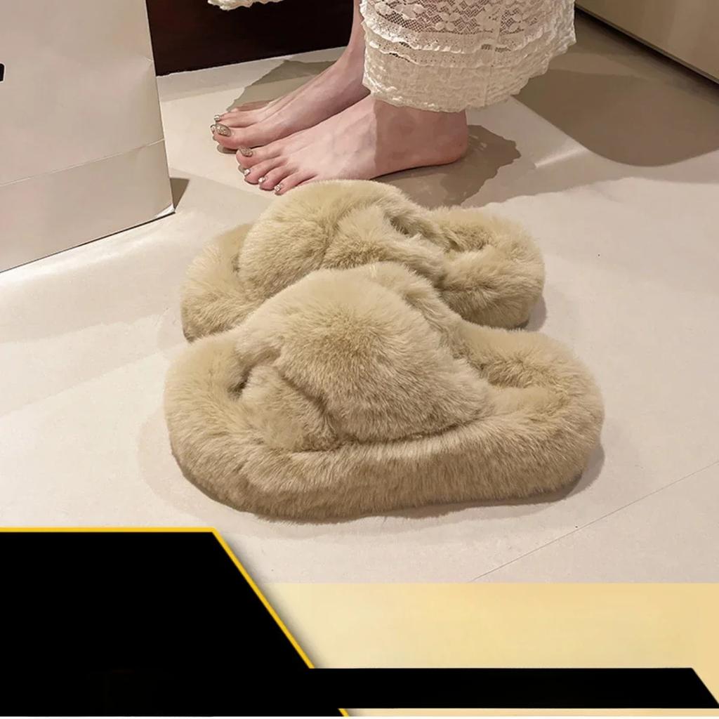 Fashion 2025 Autumn/Winter Candy Color Plush Slippers, Women's Plush Thick Sole Plus Size Cotton Slippers