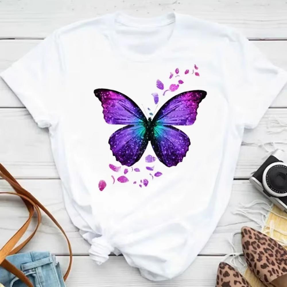 1pcs Colorful Butterfly Petal Print Short Sleeve Cute Graphic Tee Shirts FeUnisex Tops Clothing Fashion Women Tshirt Daily Wear