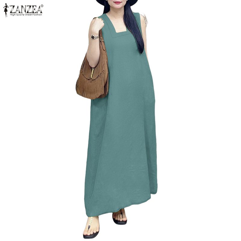 ZANZEA Women Summer Square Collar Casual Sleeveless Dress