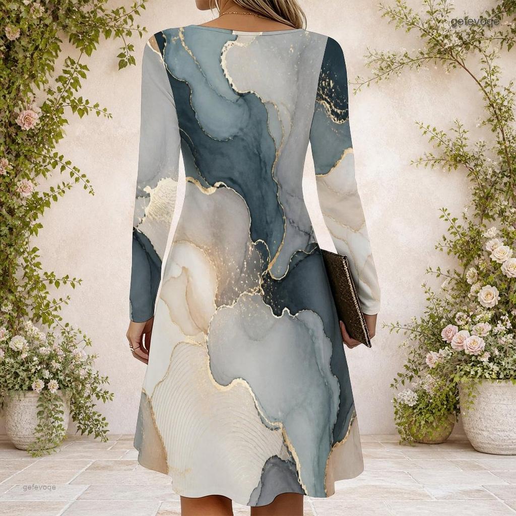 Women Criss Cross V Neck Long Sleeve Abstract Printed Curved Hem Dress