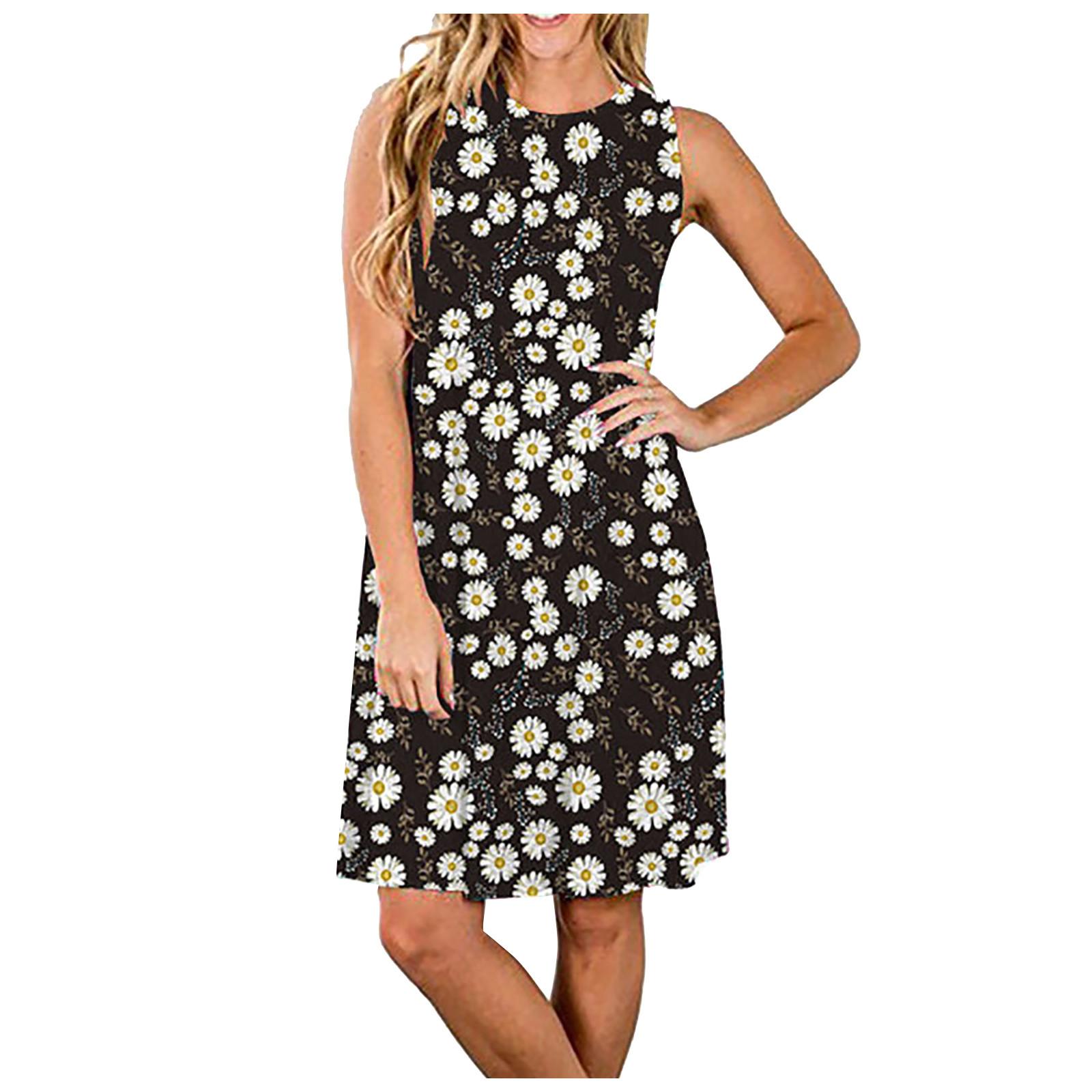 

(SU)Fashion Women s O-Neck Print Leisure Sleeveless Tank Pocket Casual Dress