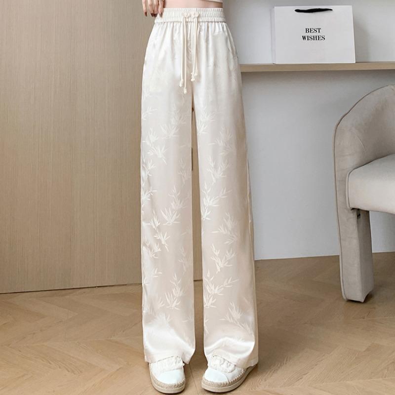 

Summer Autumn Women Vintage Jacquard Flower Satin High Waist Wide Leg Pant Trouser With Pocket For Girls XXL бежевий